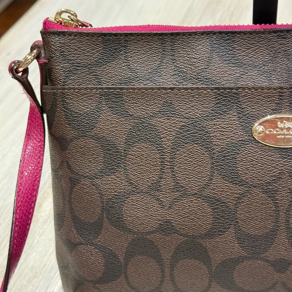 Coach Brown Signature Crossbody with Pink Trim and Strap